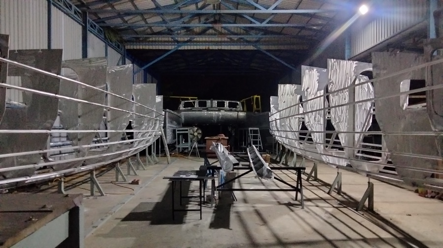 Two Mumby 48 hulls out of the building jig